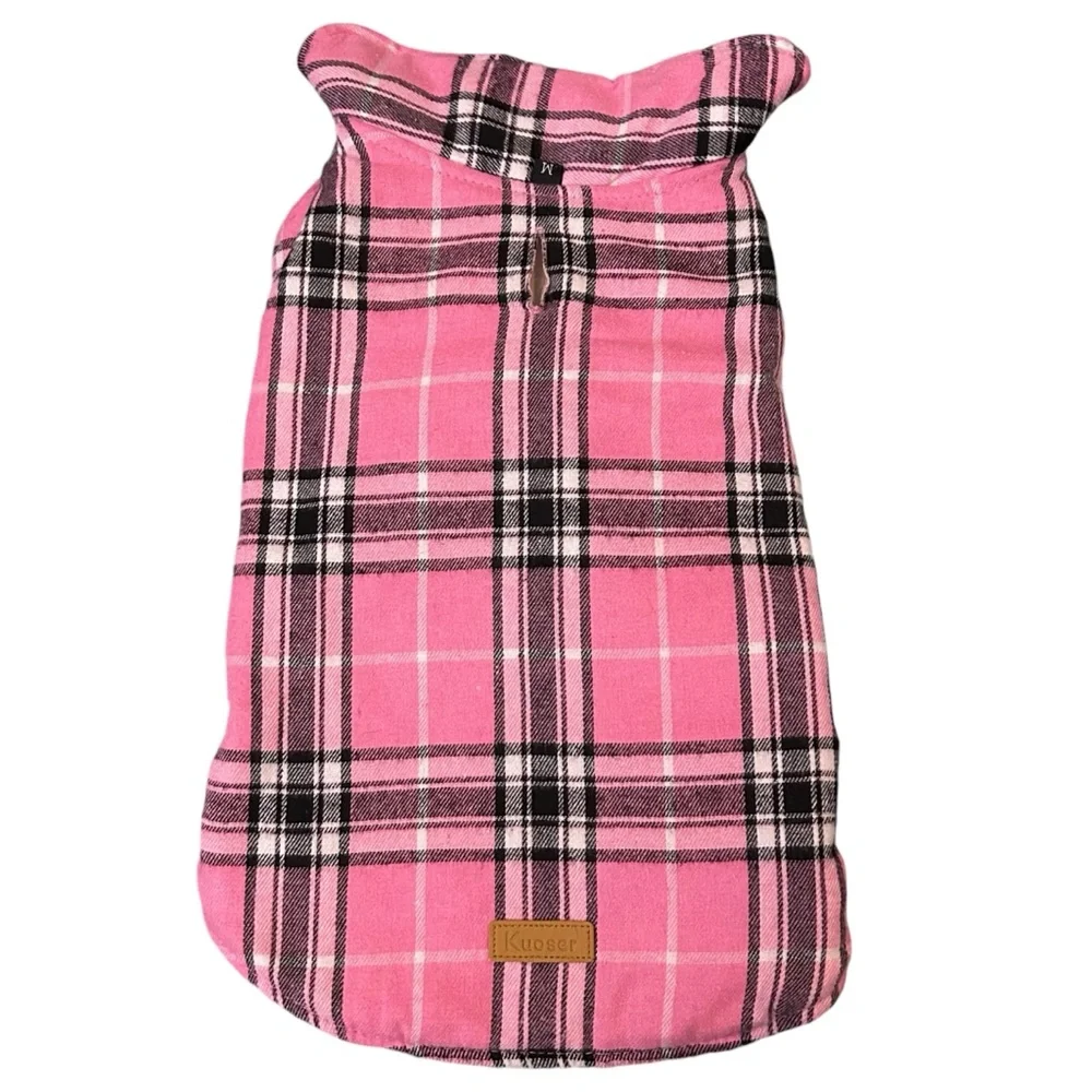 Kuoser Pink Plaid Reversible Quilted Cream Dog Jacket Coat - Size Medium